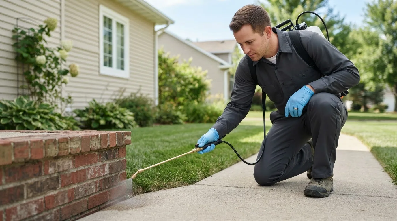 Pest control technician treating a home near Batchtown, IL