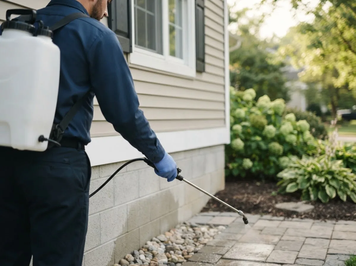 Pest control technician inspecting a home in Batchtown, IL